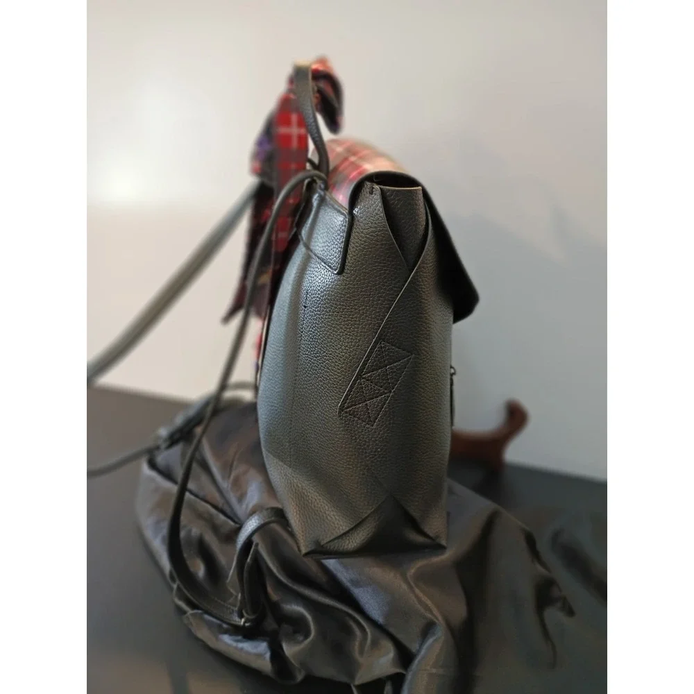 Steve Madden Black Pebbled Plaid Flap Backpack with‎ Floral Scarf Accent